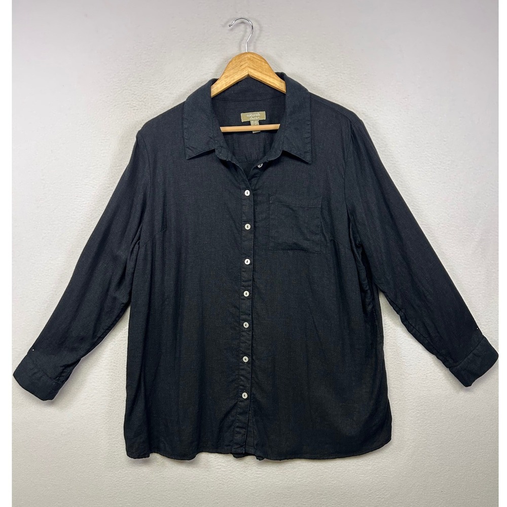 Lagenlook Linen Blend Minimalist Naturals d&co Women LP Black Button Down Shirt